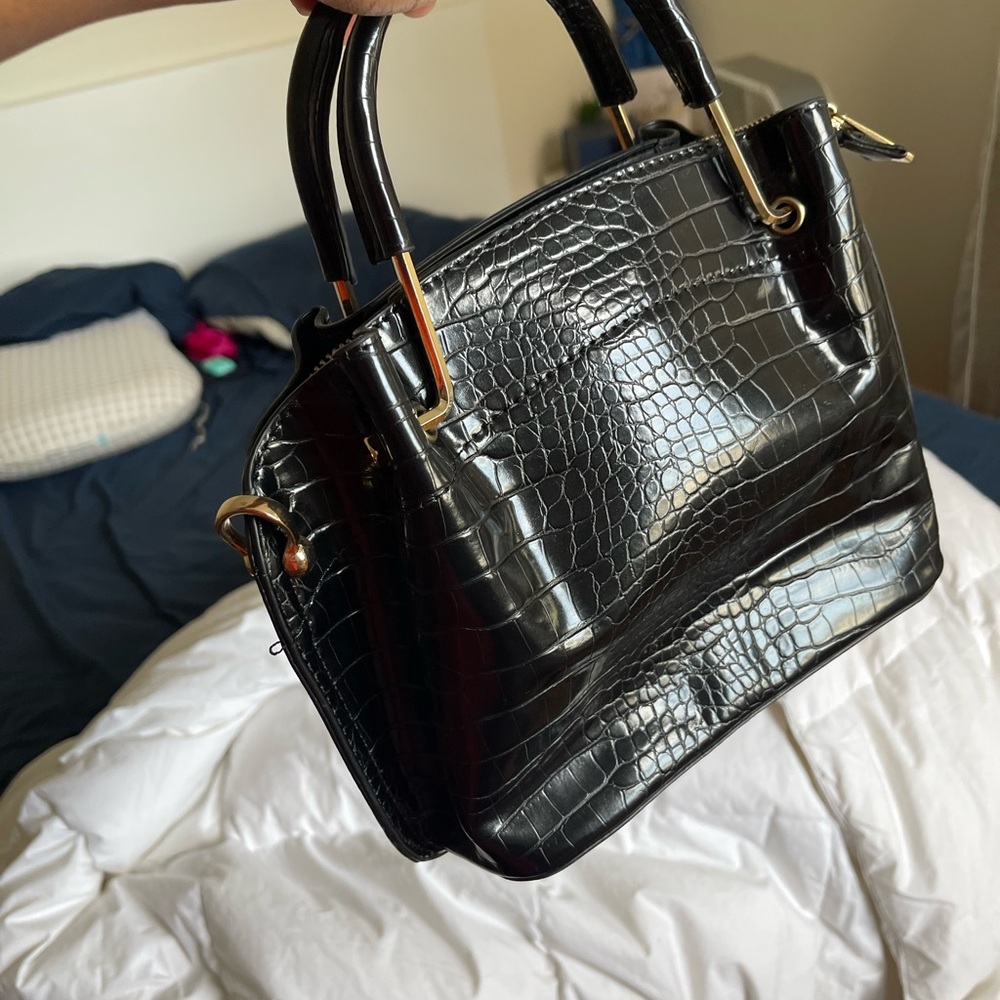 Top handle Black Crocodile-Embossed Handbag